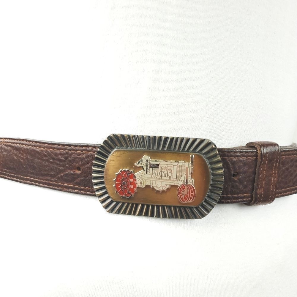 Antique Farmall tractor plaque buckle brass Salvatori corsica cowhide full grain